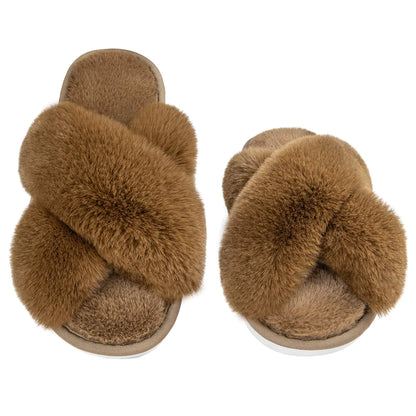 Metog Fuzzy Cross Band Slippers Indoor Outdoor Soft Open Toe Slippers 5-6 Brown