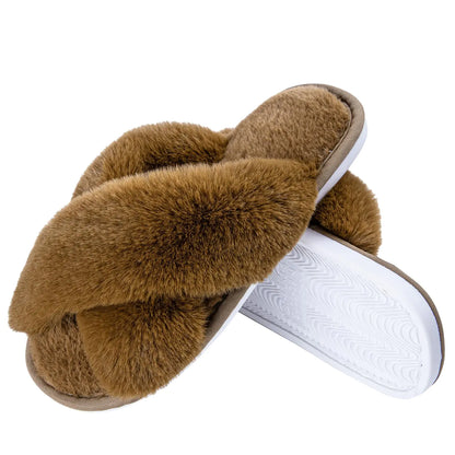 Metog Fuzzy Cross Band Slippers Indoor Outdoor Soft Open Toe Slippers 5-6 Brown