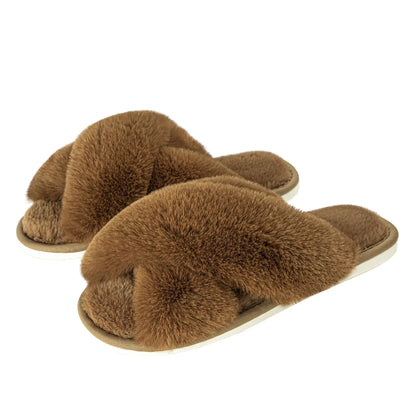 Metog Fuzzy Cross Band Slippers Indoor Outdoor Soft Open Toe Slippers 5-6 Brown