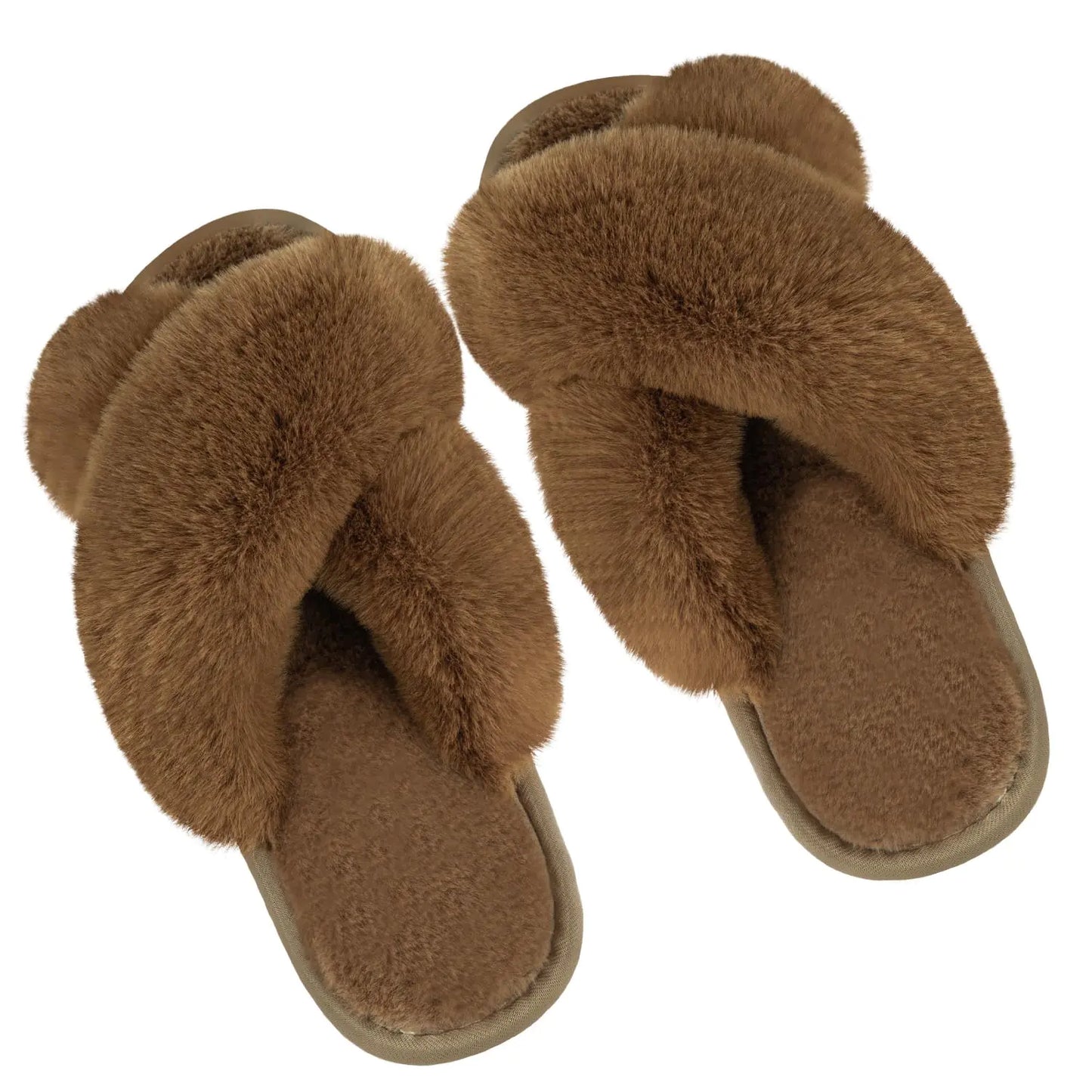 Metog Fuzzy Cross Band Slippers Indoor Outdoor Soft Open Toe Slippers 5-6 Brown